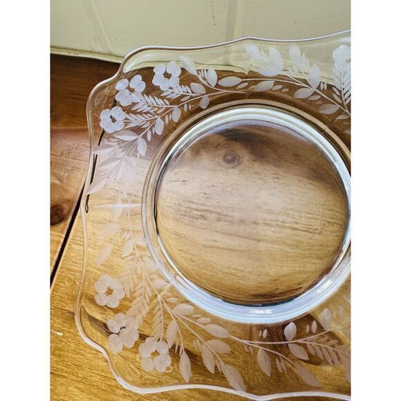 Other - Square‎ Clear Glass Etched 5" Plate Scallop Edge With Floral & Leaf Design VTG